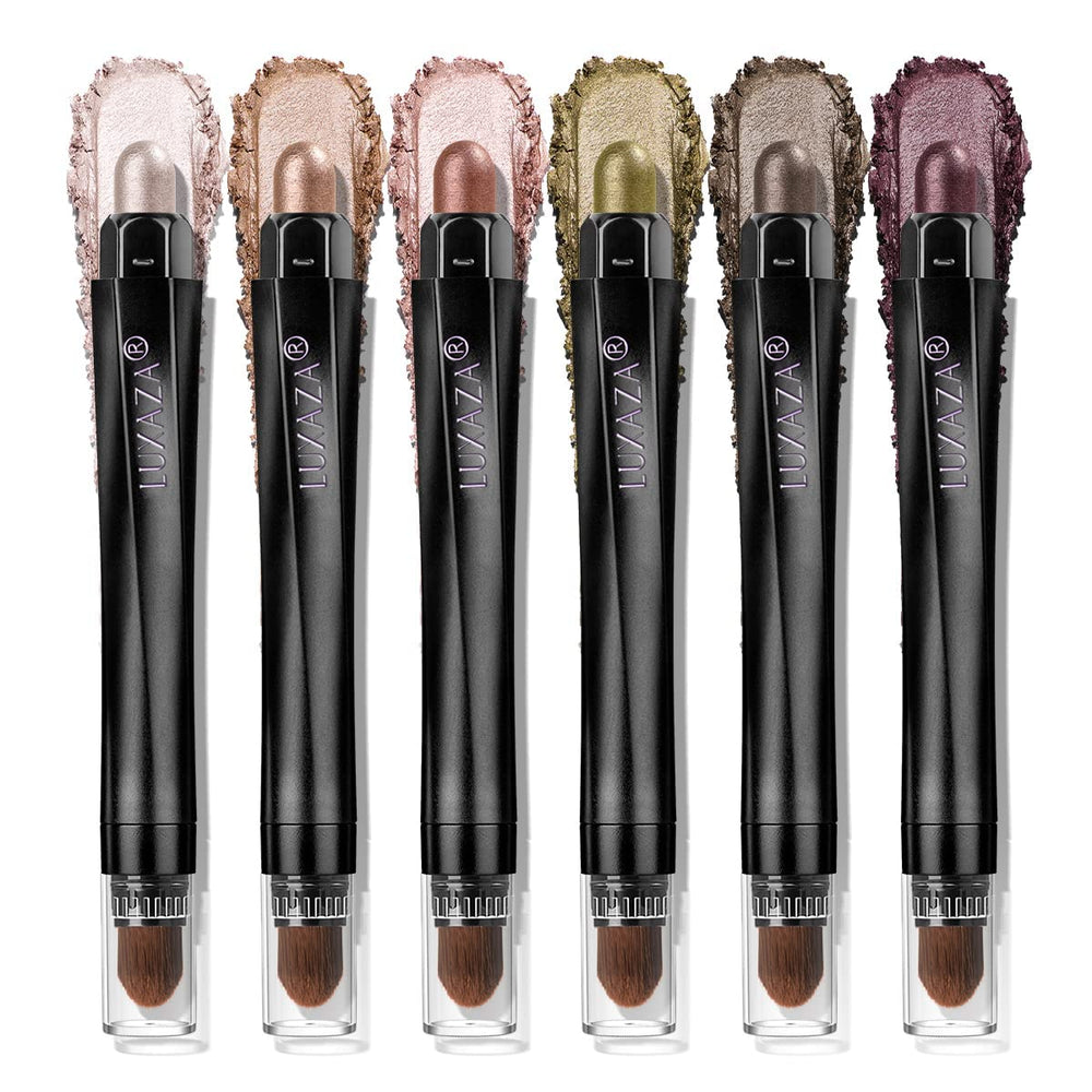 LUXAZA PRO Shimmer Eyeshadow Stick packaging closeup highlighting sleek design and easy grab-and-go use.