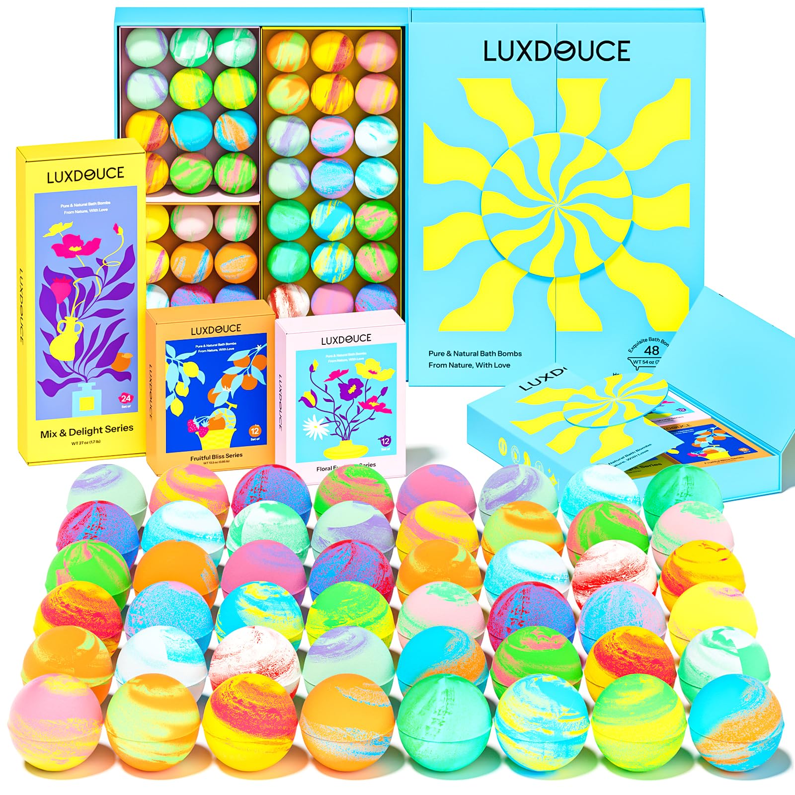 LUXDOUCE 48-pack bath bombs box shows vibrant colors for a mood-boosting soak.
