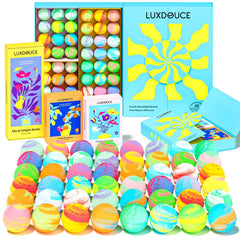 LUXDOUCE 48-pack bath bombs box shows vibrant colors for a mood-boosting soak.