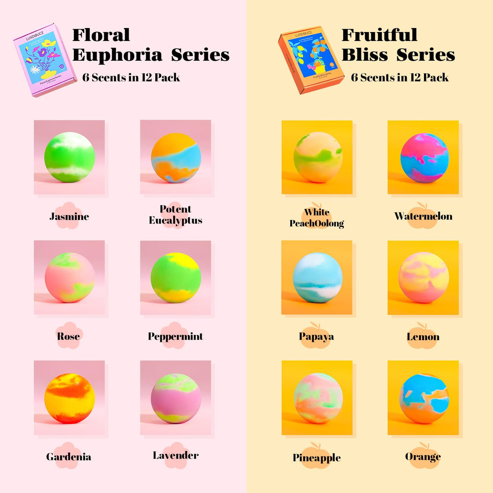 LUXDOUCE bath bombs colorful bubbles creating vibrant soak ambiance and skin-friendly fizz.