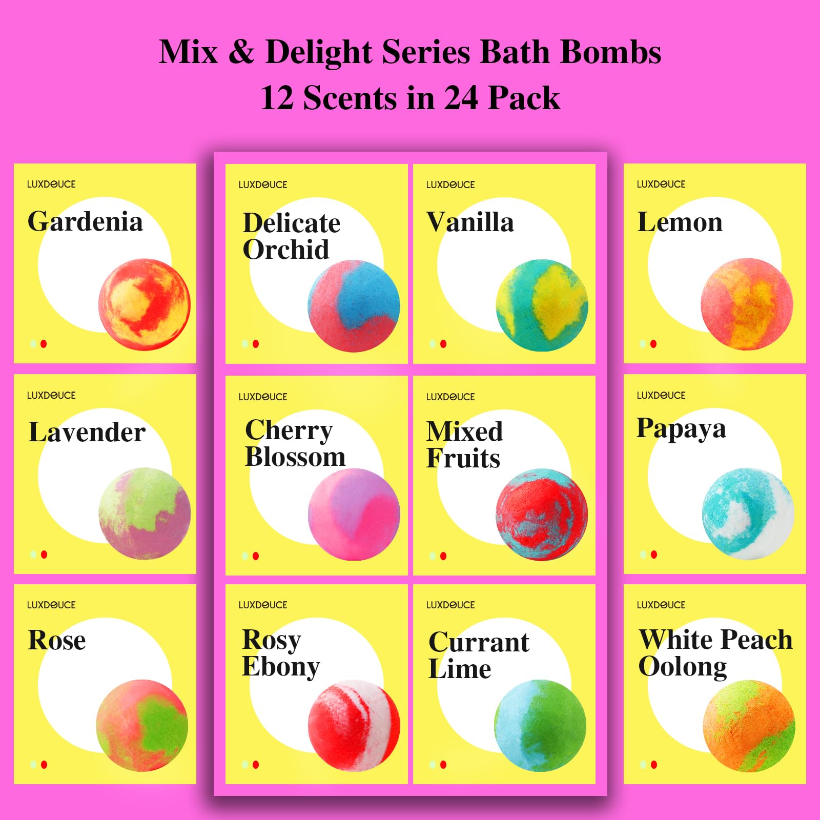 LUXDOUCE bath bombs dissolve in seven minutes, releasing color and fragrance in the tub.