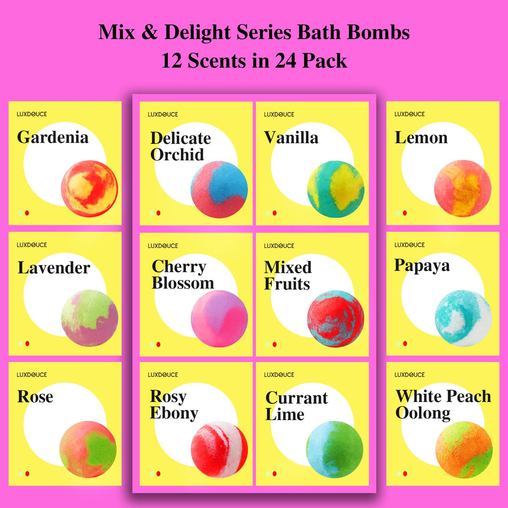 LUXDOUCE bath bombs dissolve in seven minutes, releasing color and fragrance in the tub.