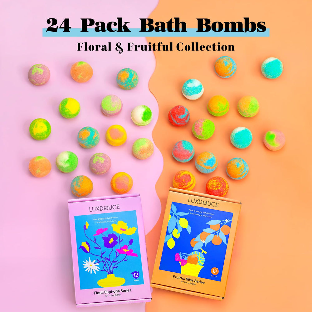 LUXDOUCE bath bombs fruity bliss collection with refreshing fruit scents for mood uplift.