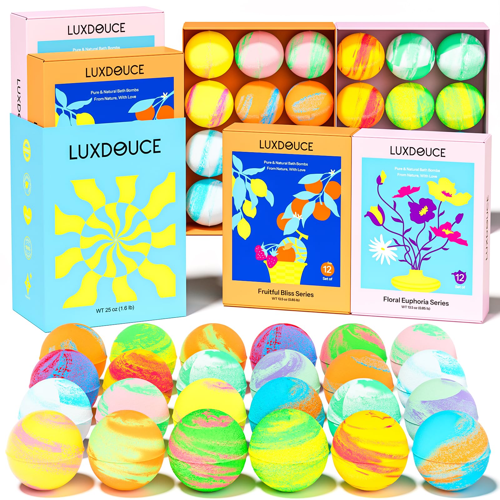 LUXDOUCE bombas de baño pack 24, variedad floral, experiencia aromática