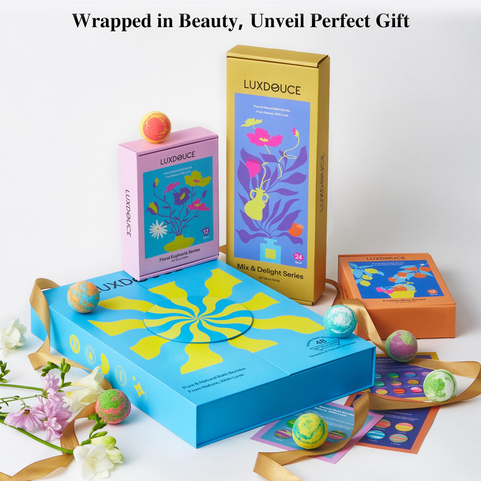 LUXDOUCE Floral Euphoria series bath bombs release calming floral aroma for relaxation.