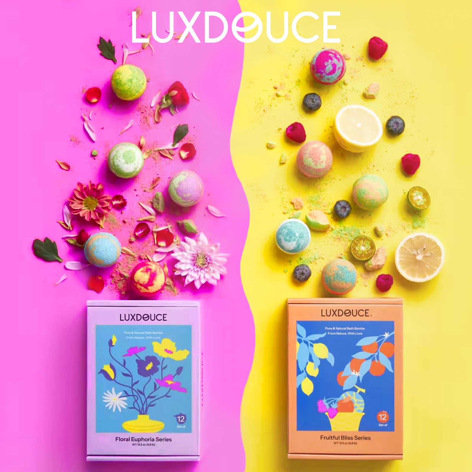 LUXDOUCE Fruitful Bliss series bath bombs brighten baths with citrus and sweet notes.