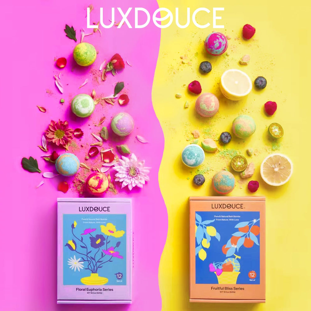 LUXDOUCE Fruitful Bliss series bath bombs brighten baths with citrus and sweet notes.