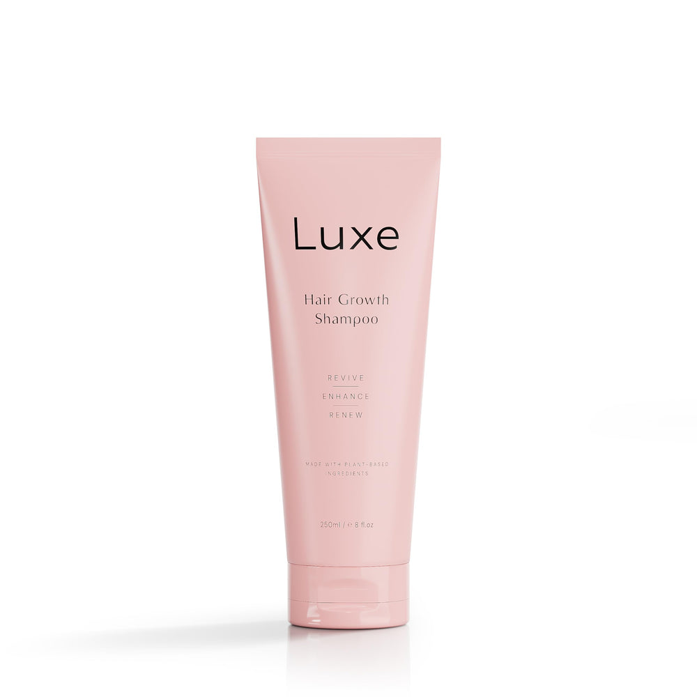 Luxe Cosmetics Hair Growth Shampoo bottle closeup highlighting plant-based formula for healthier, fuller hair.