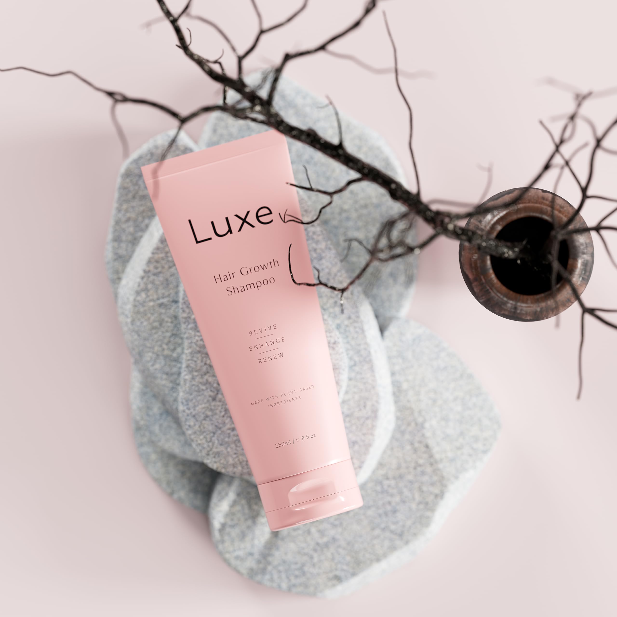 Luxe Cosmetics Hair Growth Shampoo in daily-use lather scene suggesting nourishment for thicker hair.