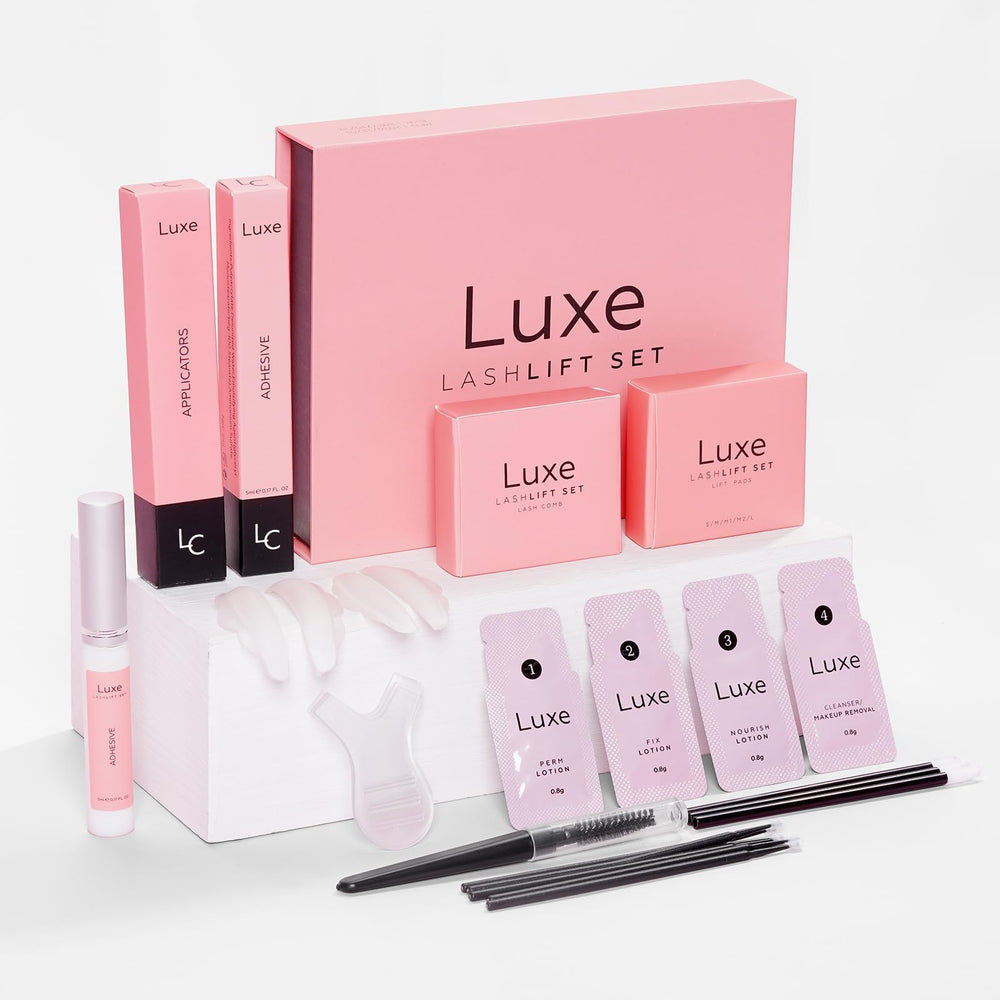 Luxe Cosmetics Luxe Lashlift Set packaging shows an at-home salon-grade kit
