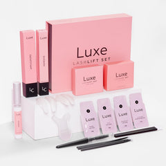 Luxe Cosmetics Luxe Lashlift Set packaging shows an at-home salon-grade kit