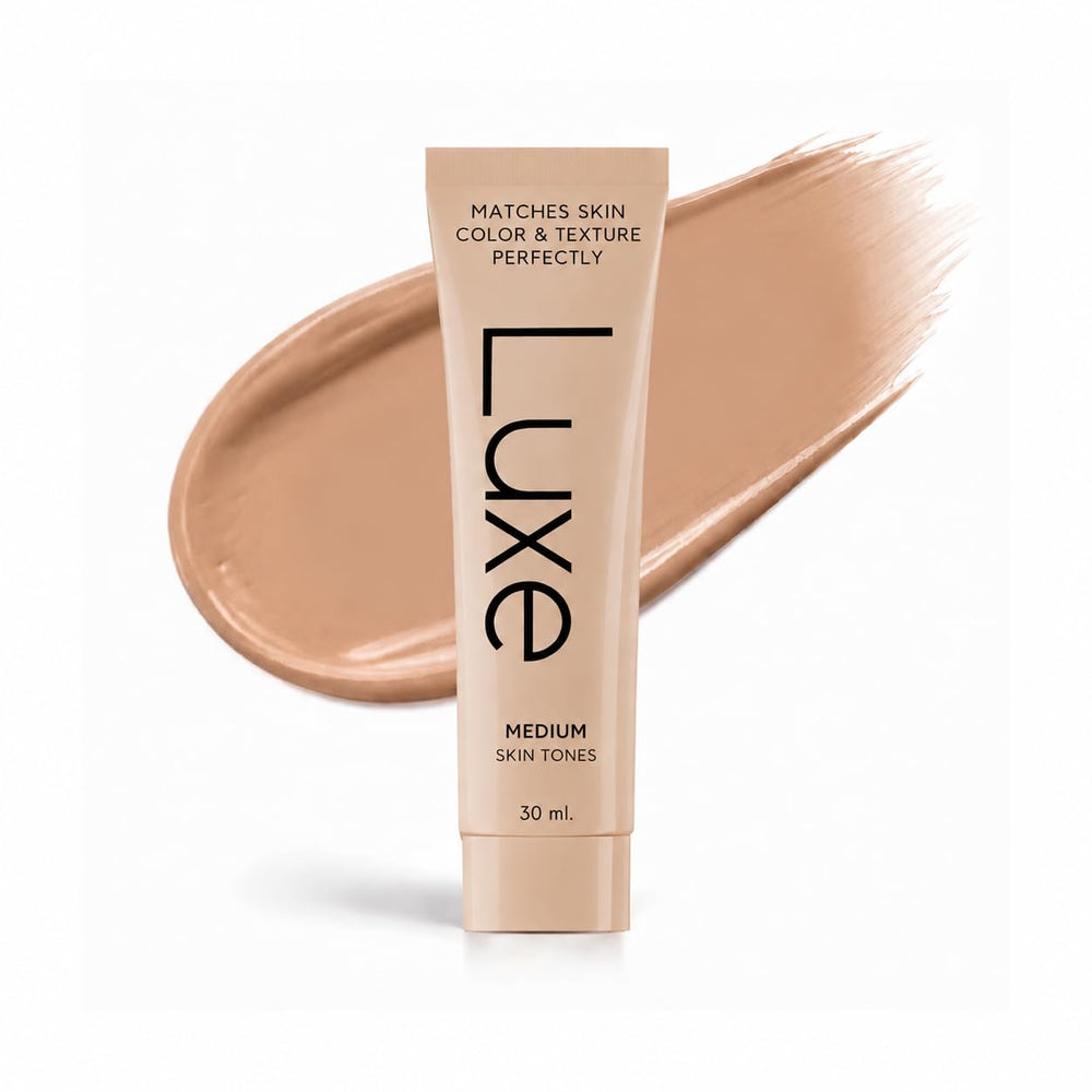 Luxe front packaging showing sleek bottle and shade labeling for confidence