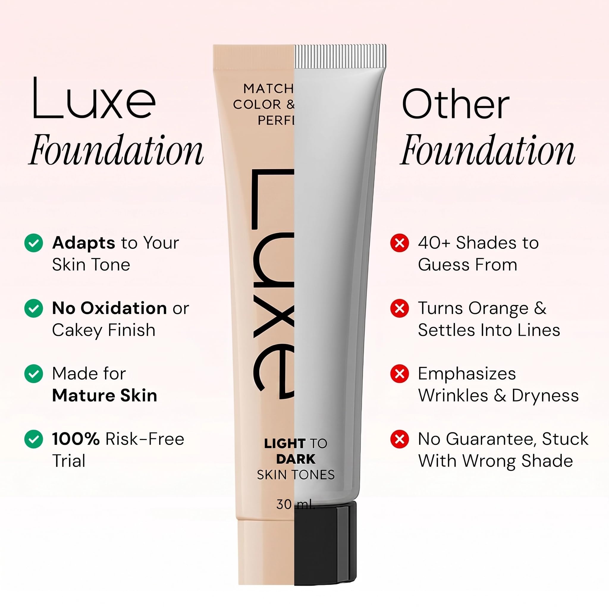 Luxe foundation on skin mid-transition showing adaptive color match benefit