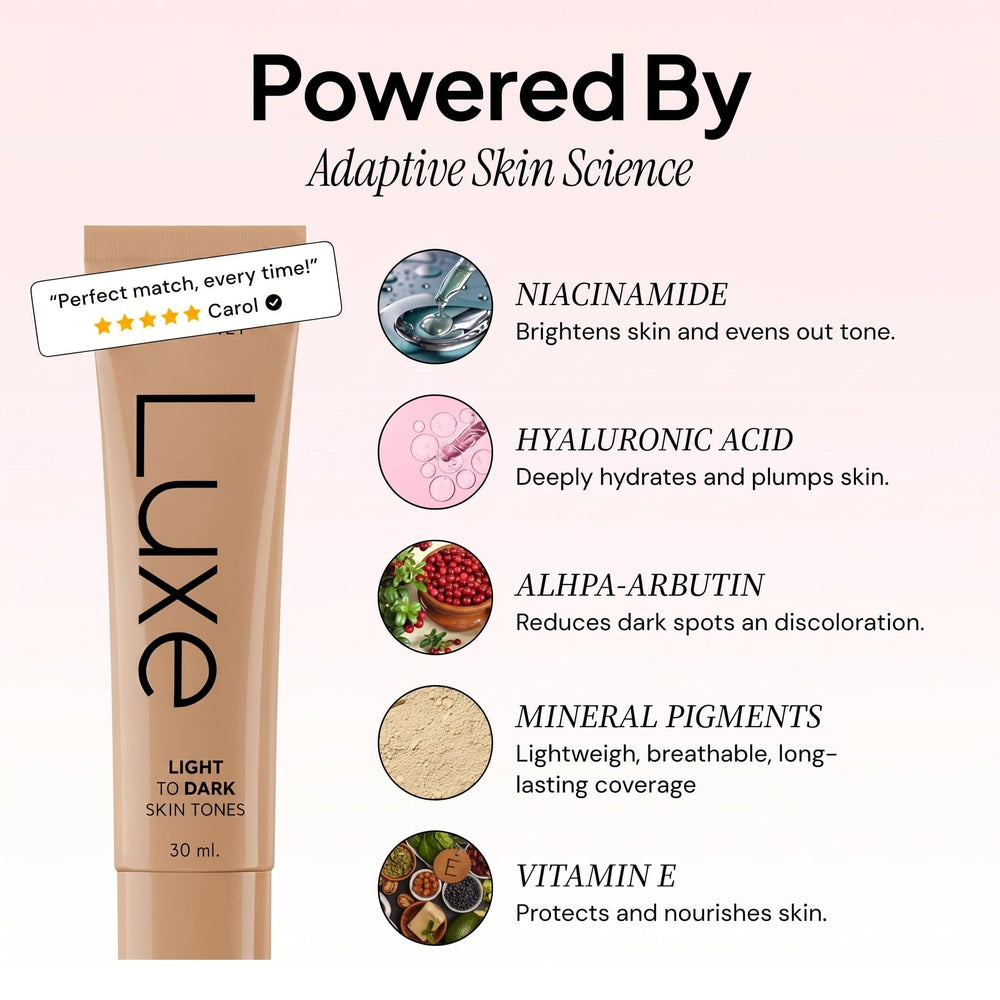 Luxe foundation pump dispensing product demonstrating controlled, no-waste use