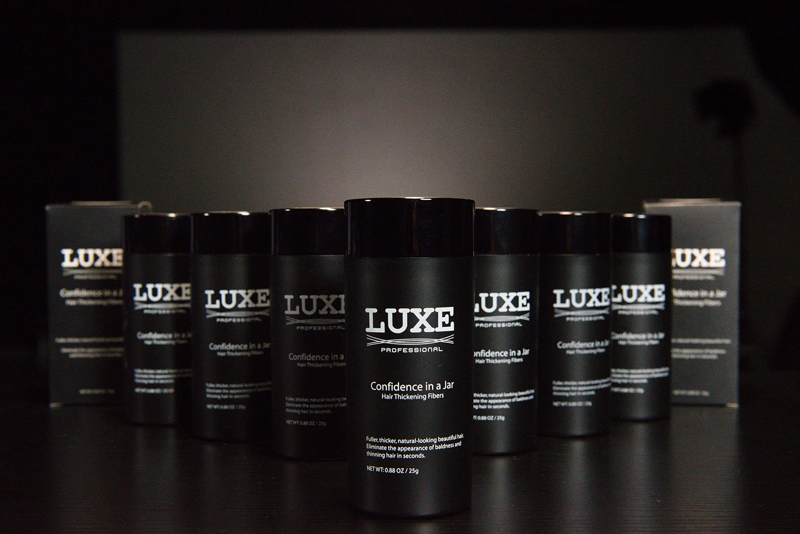 LUXE Hair Building Fibers 25g container for long-lasting use