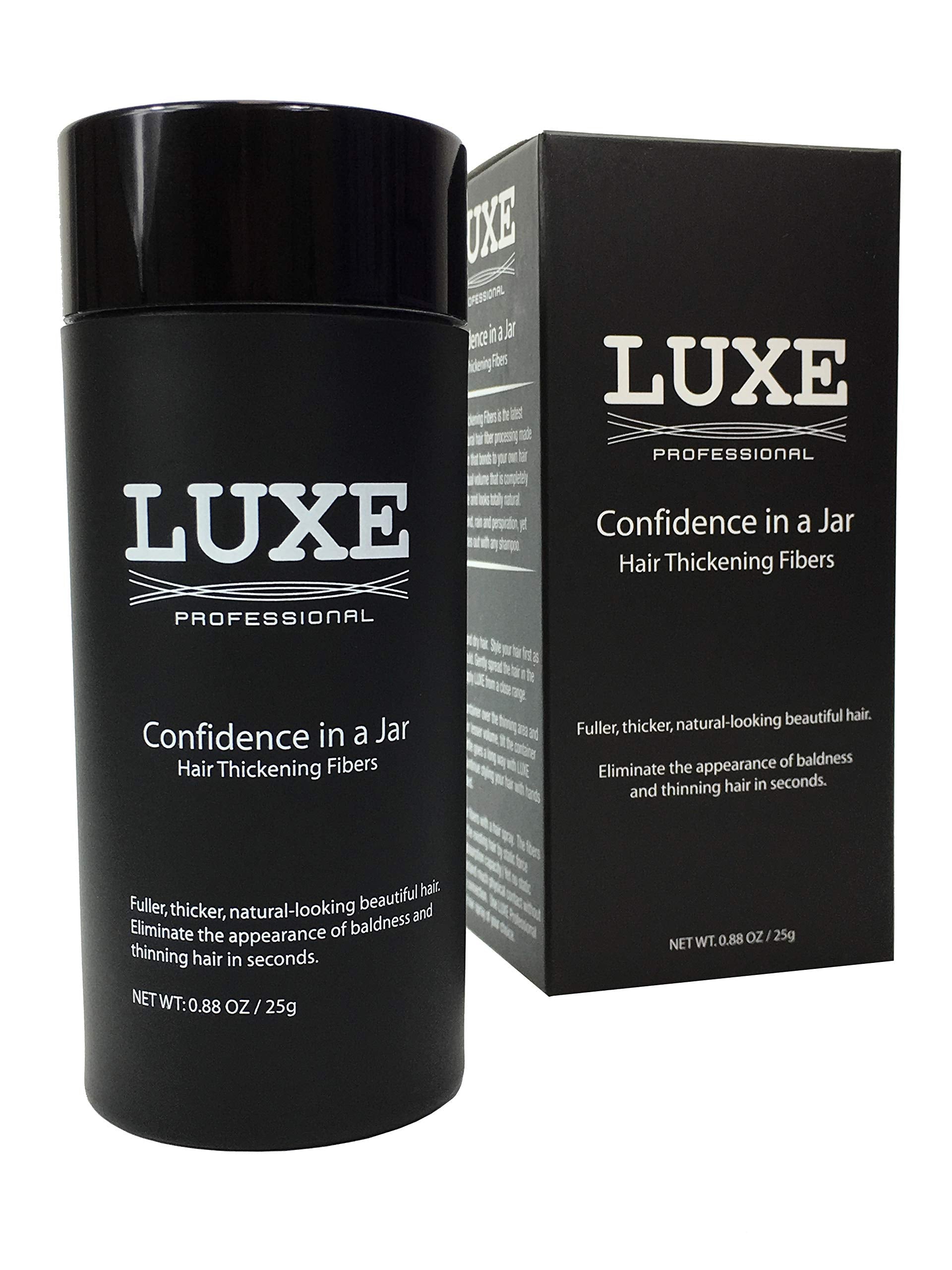 LUXE Hair Building Fibers front coverage for natural thinning concealment.