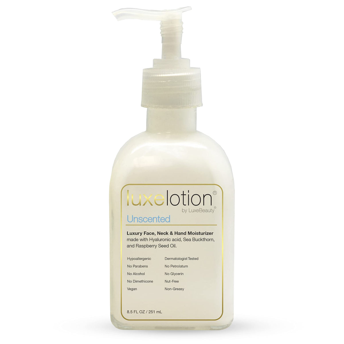 LUXEBEAUTY LuxeLotion bottle front highlighting lightweight luxury moisturizer