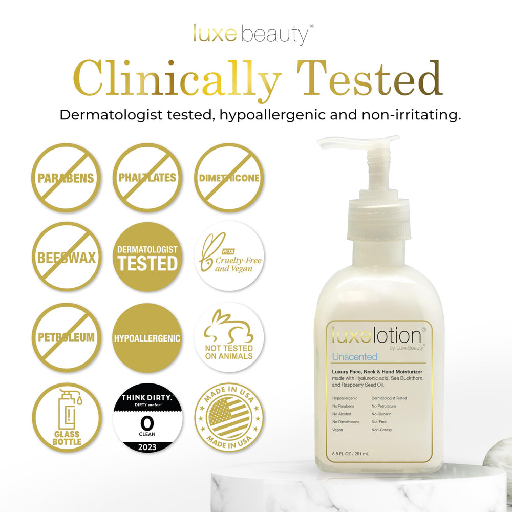 LUXEBEAUTY LuxeLotion packaging highlights unscented vegan formula