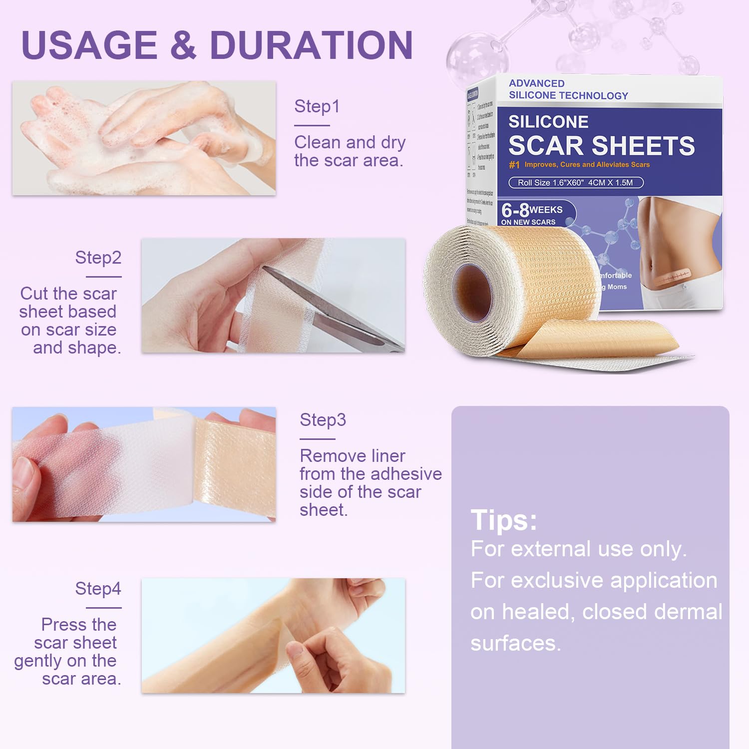 LUXEFUS silicone scar surgical improvement showcases softening and discoloration improvement over weeks