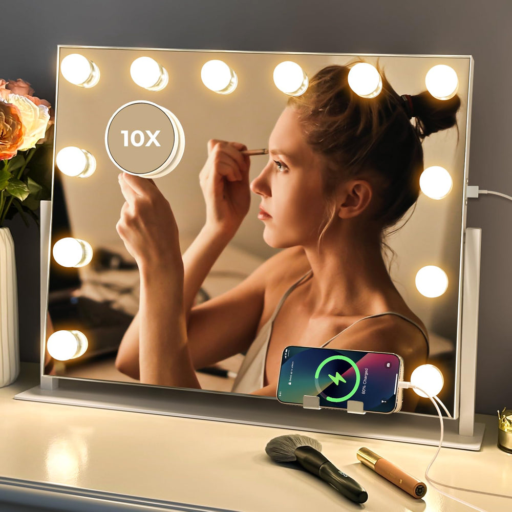 LuxeVue vanity mirror includes a 10X magnifier for close-up tasks.