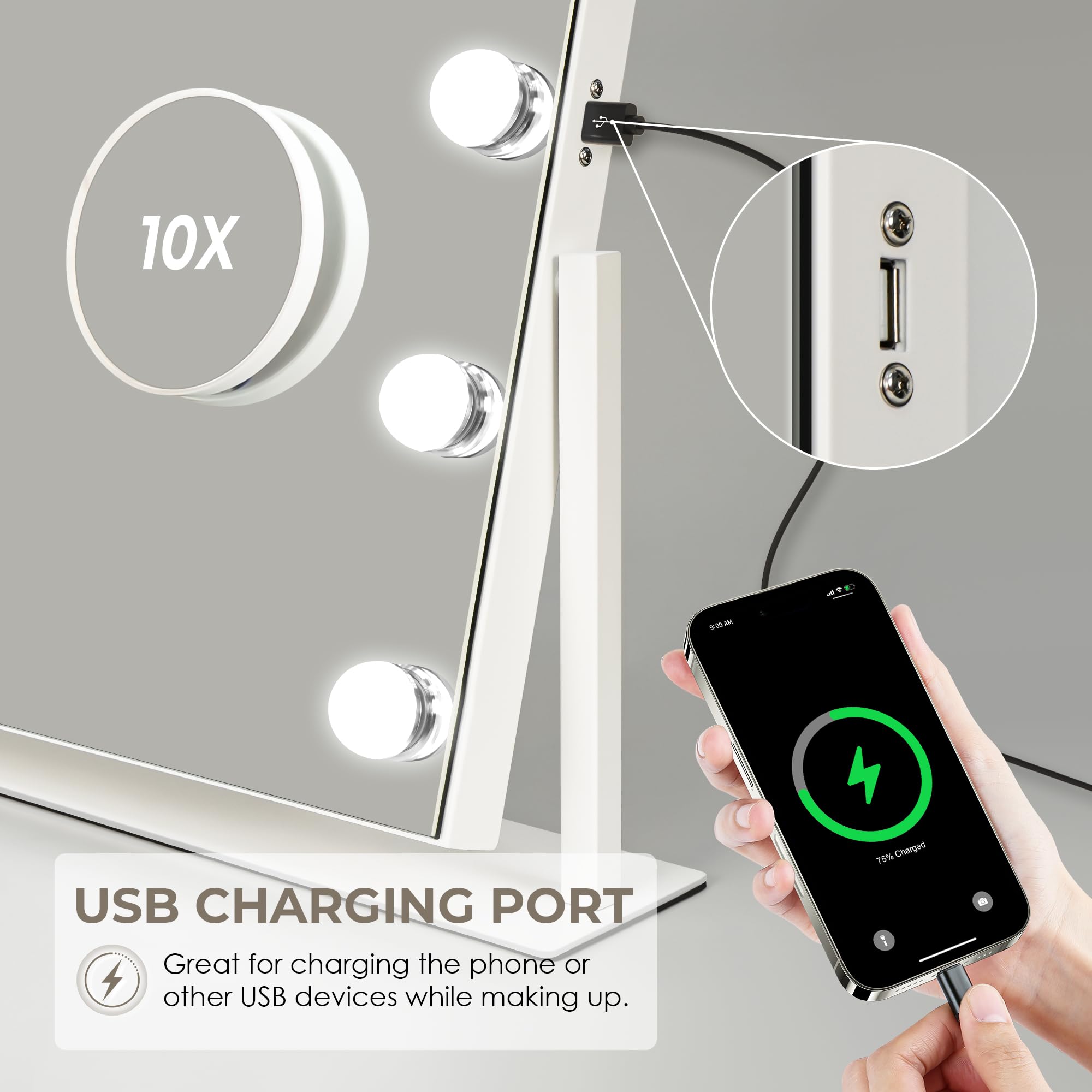 LuxeVue vanity mirror 360-degree rotation for flexible angles.