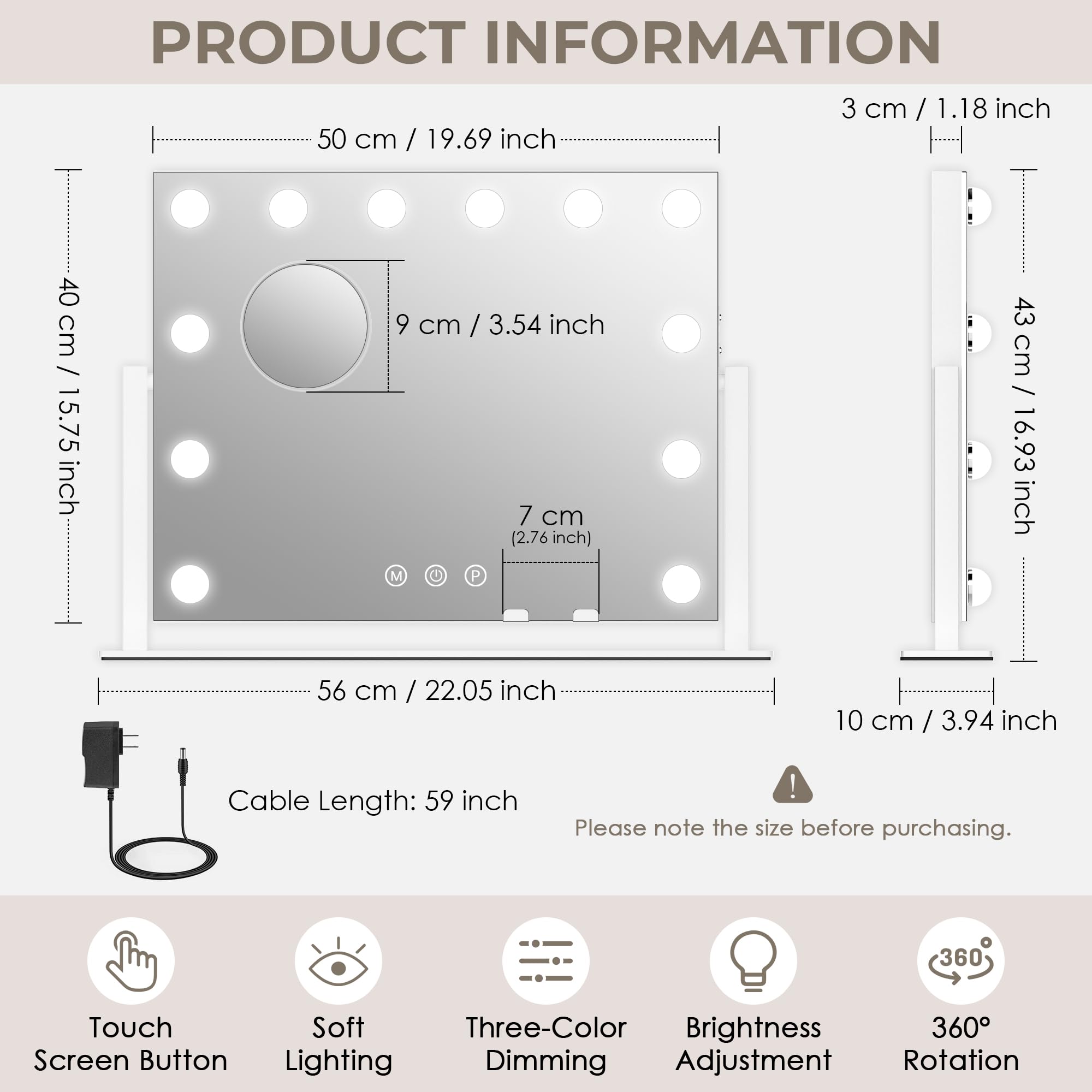 LuxeVue vanity mirror with dimmable LEDs for day-to-night brightness customization.