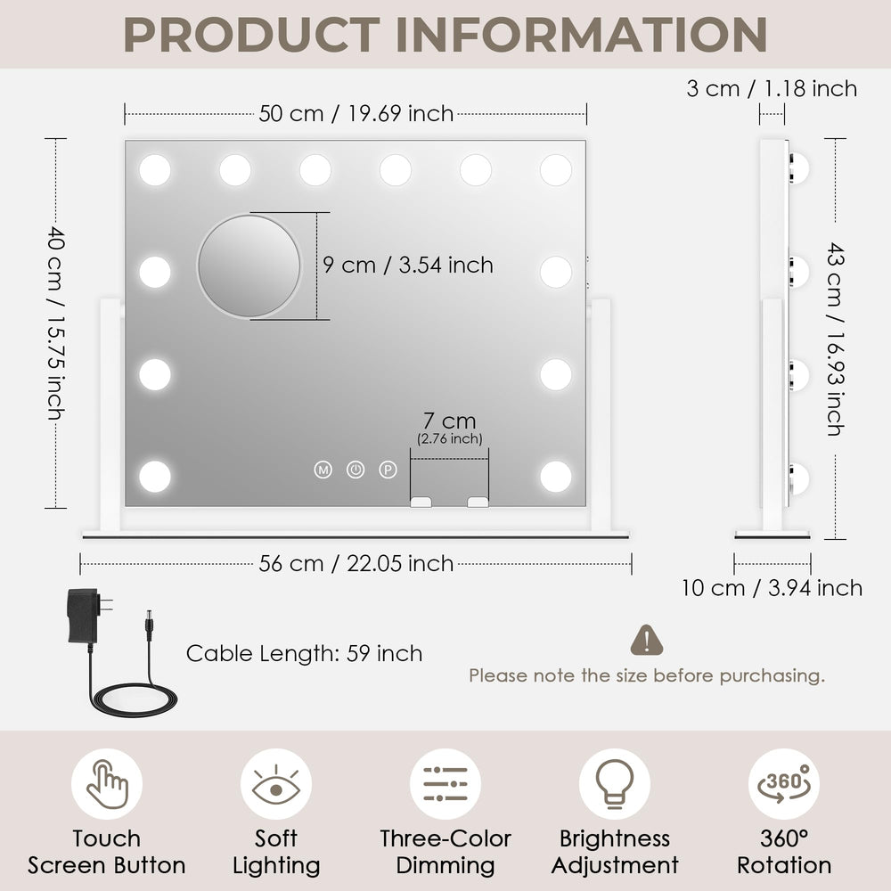 LuxeVue vanity mirror with dimmable LEDs for day-to-night brightness customization.