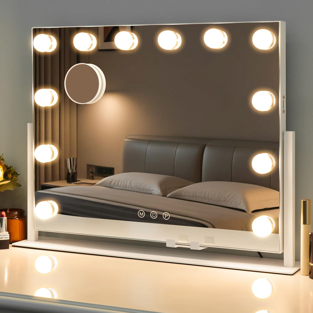 LuxeVue vanity mirror with LED bulbs provides even lighting for makeup.