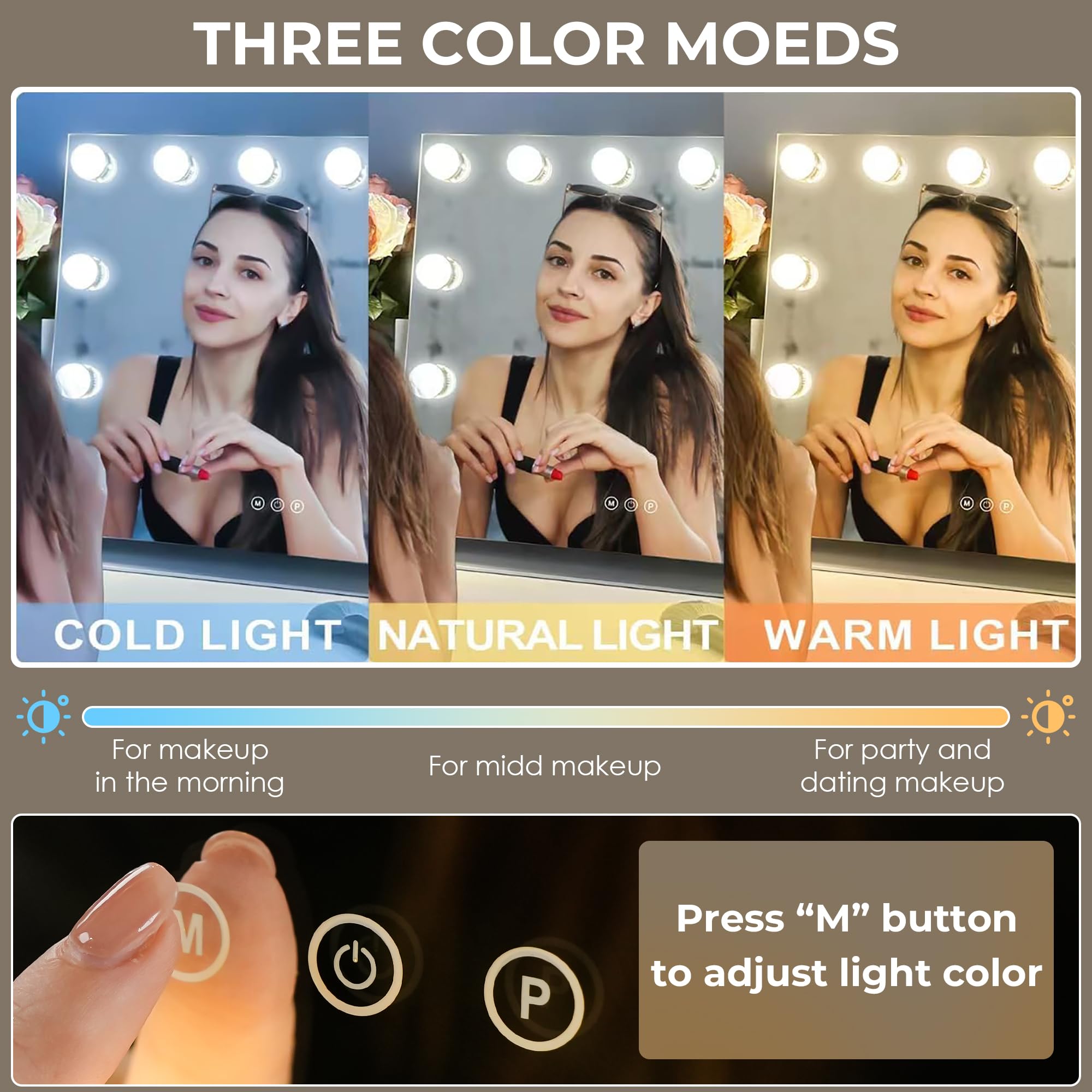 LuxeVue vanity mirror offers three light modes for accurate color rendering.