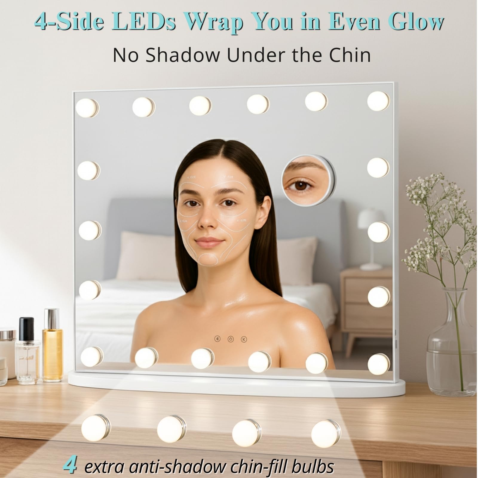 LUXFURNI vanity mirror 3-color lights — warm, neutral, cool settings for any look.