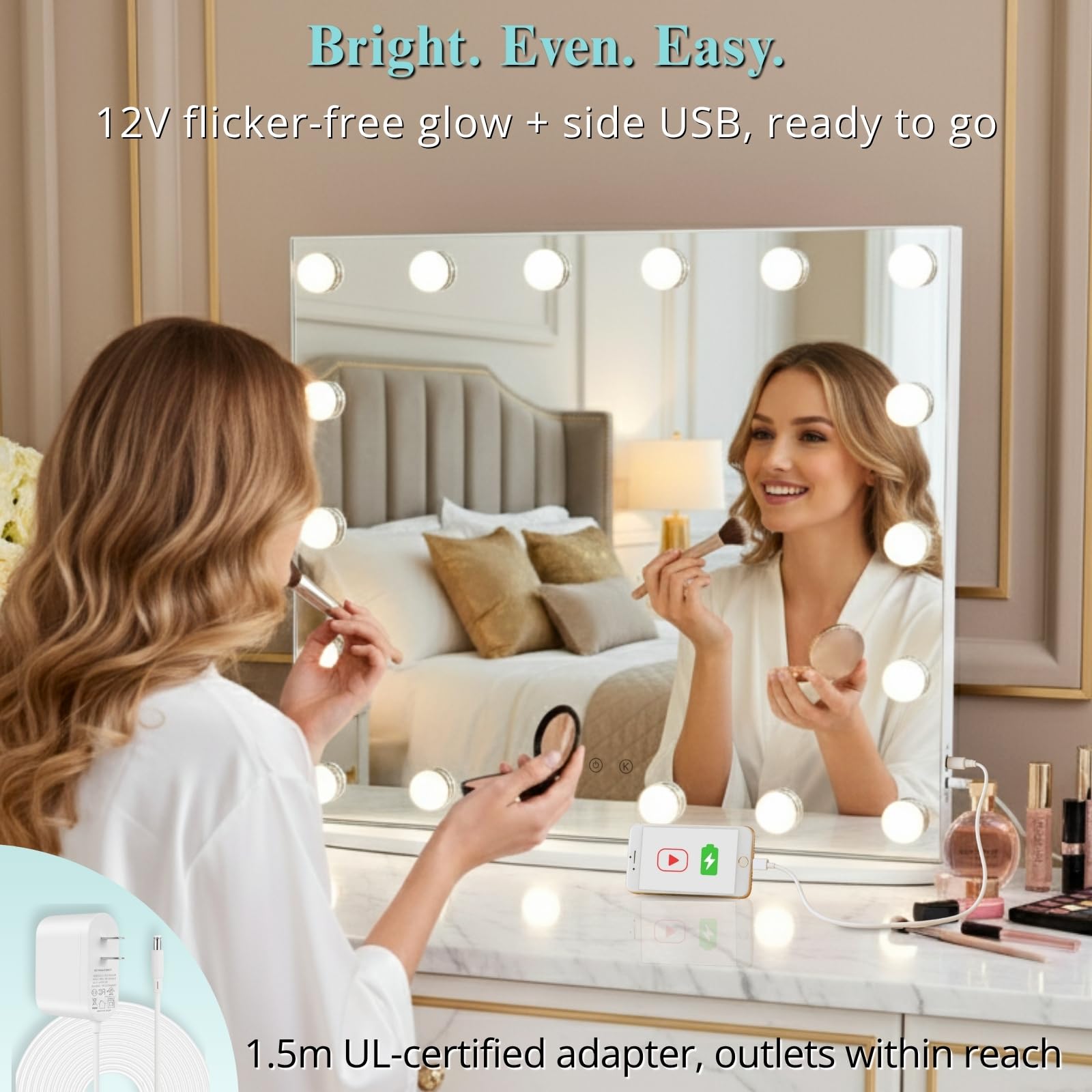 LUXFURNI vanity mirror tabletop setup — easy desk placement for morning routines.