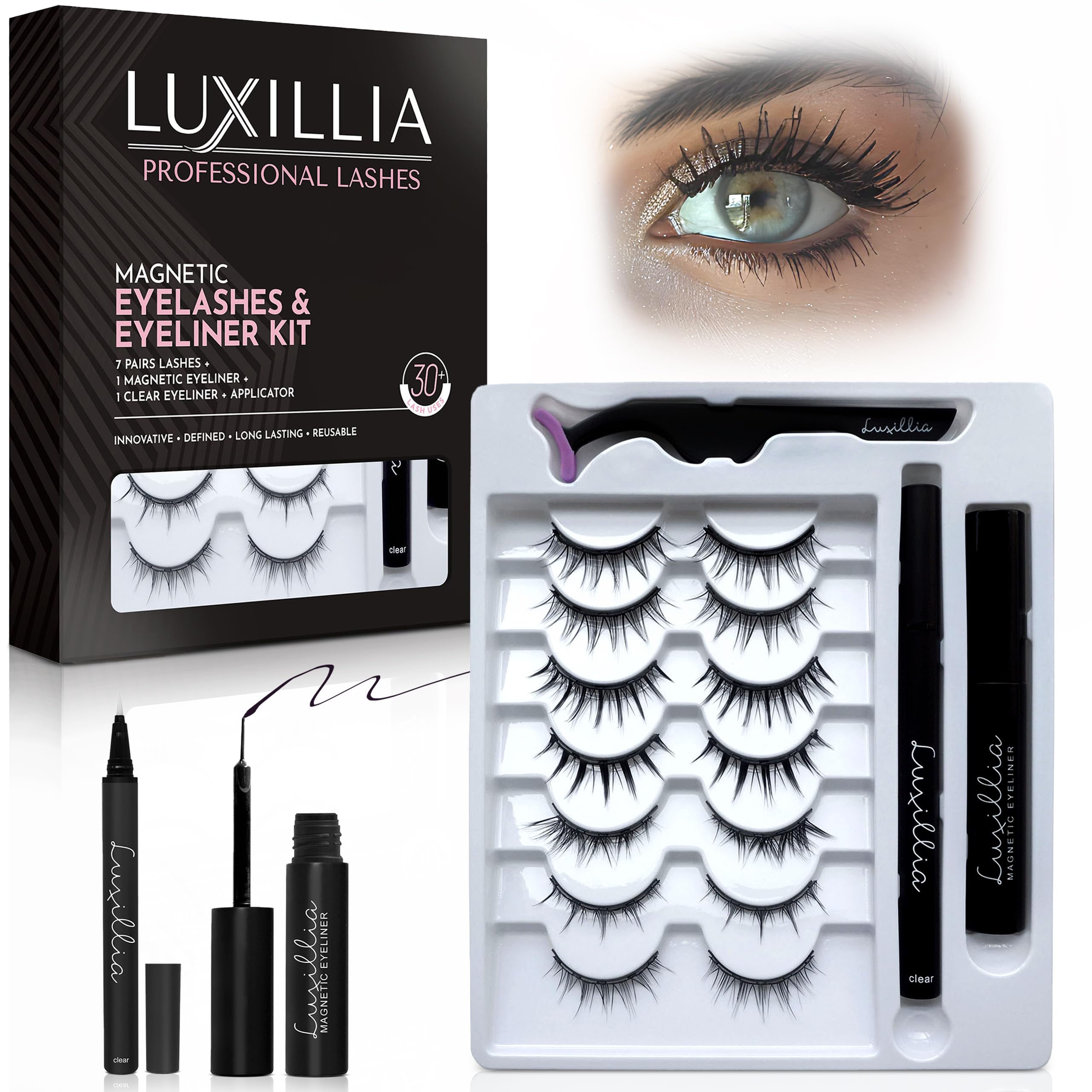 Luxillia magnetic-eyelashes-kit packaging image highlights travel-friendly design.