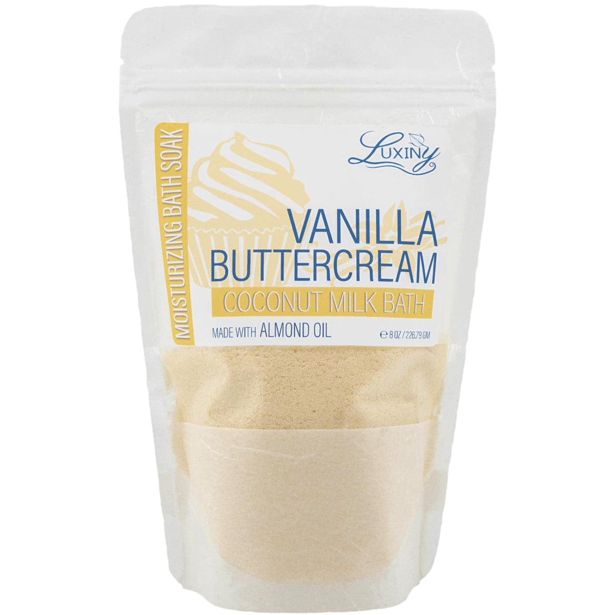 Luxiny coconut milk bath powder bottle with vanilla buttercream aroma for a luxurious hydrating soak.