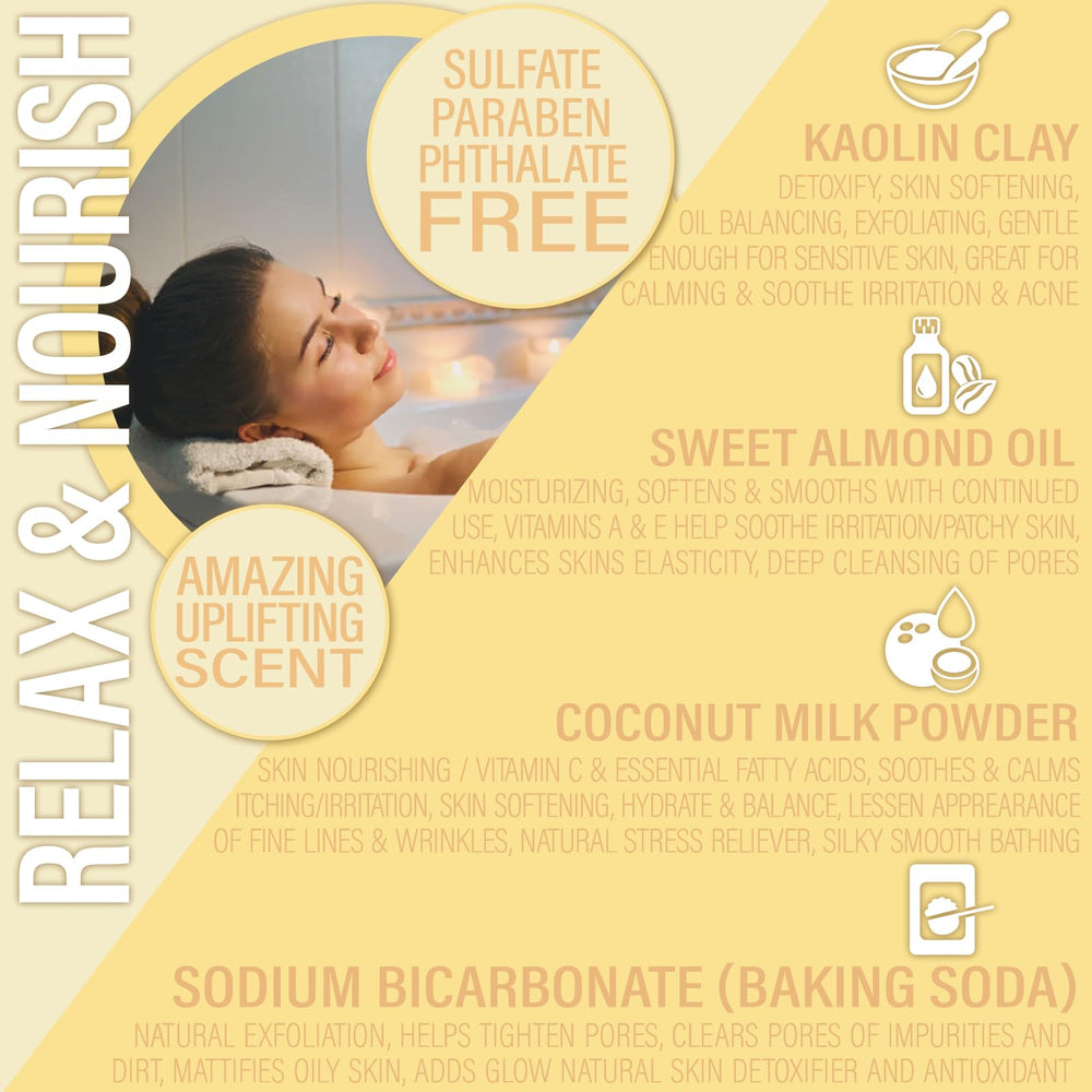 Luxiny soft-silky skin bath powder demonstrates moisturizing coconut milk and almond oil.