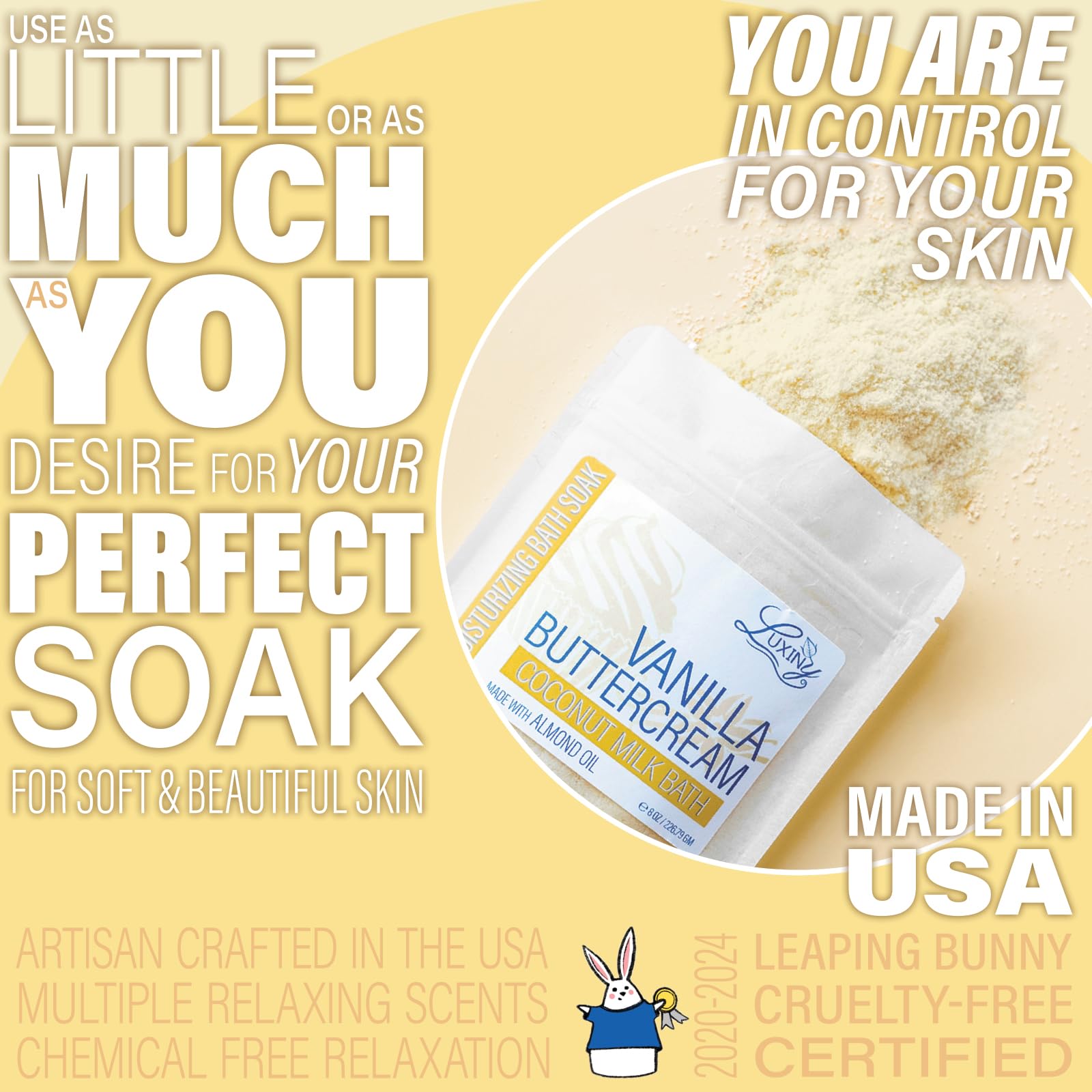 Luxiny USA-made bath powder image conveys quality and domestic production.