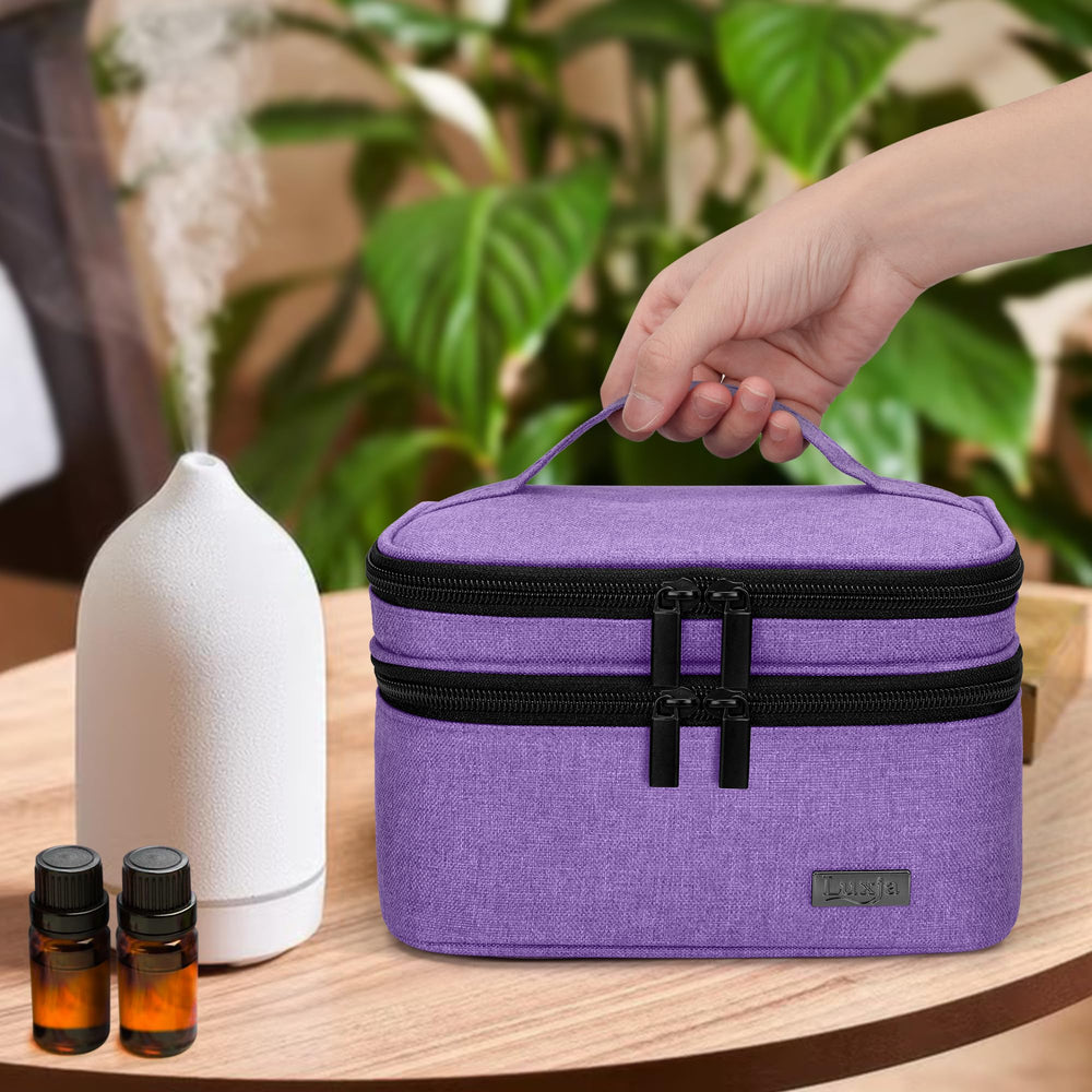 LUXJA essential oil carrying case dimensions 8 by 6.75 by 5 inches.