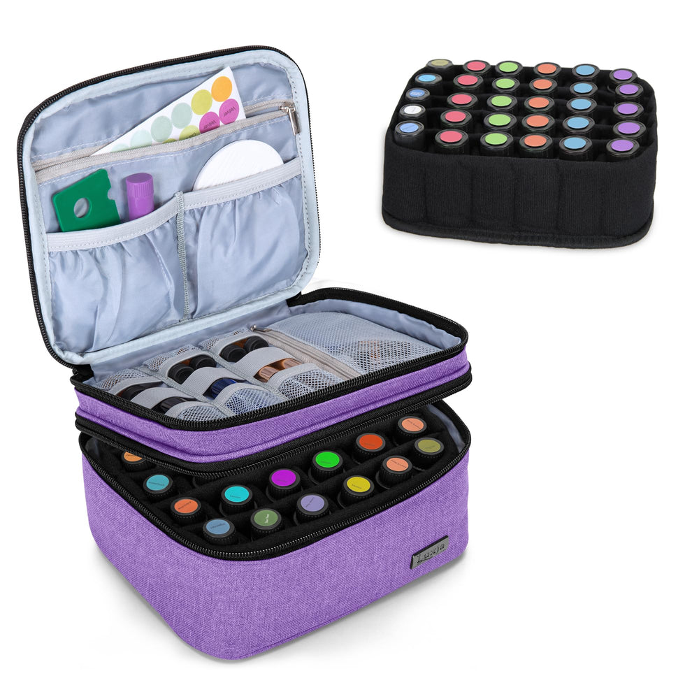 LUXJA essential oil carrying case interior with flexible bottle dividers for organization.