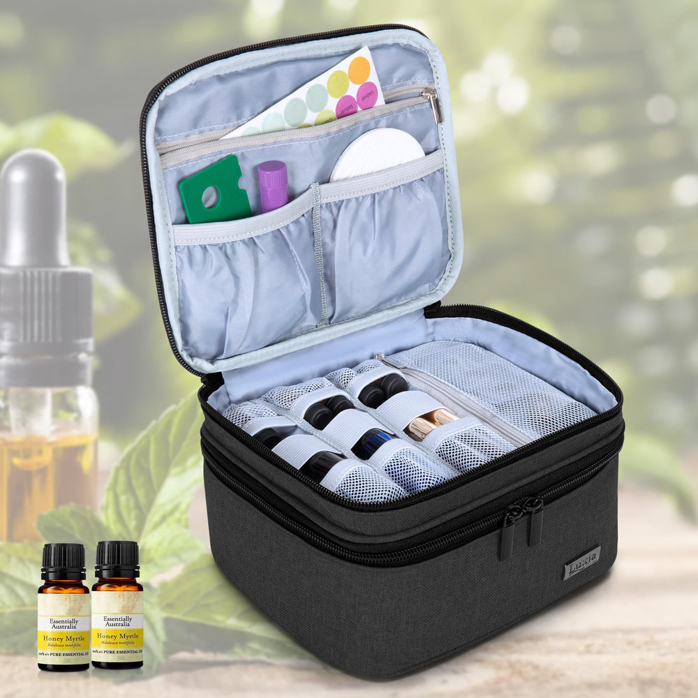 LUXJA Essential Oil Carrying Case interior with double-layer organization and pockets.
