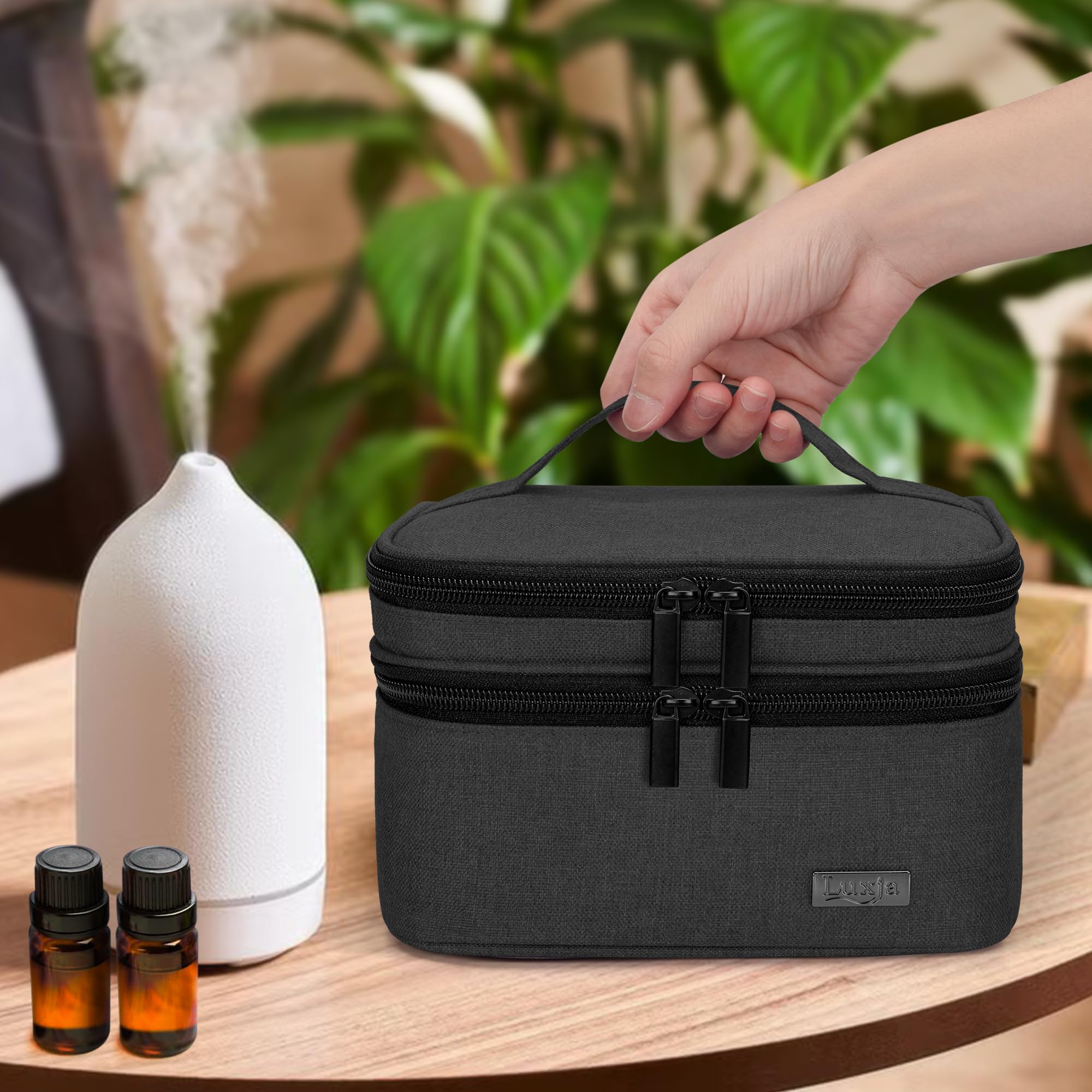 LUXJA Essential Oil Carrying Case padded interior protects glass bottles during transport.