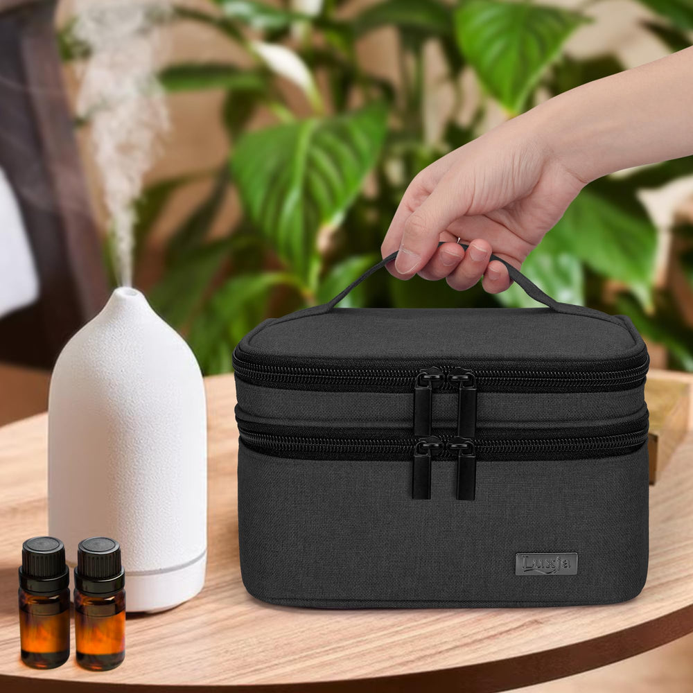 LUXJA Essential Oil Carrying Case padded interior protects glass bottles during transport.