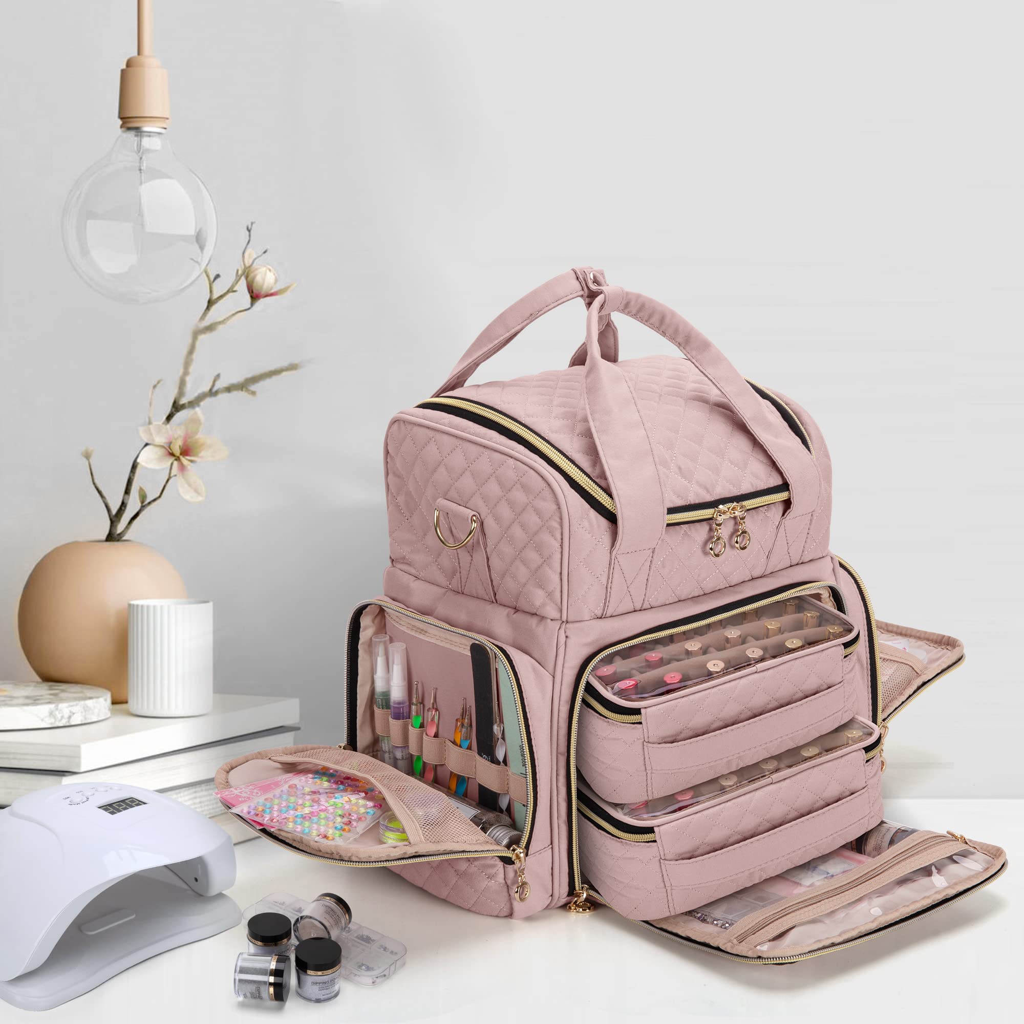 LUXJA Nail Polish Organizer pale rose quilting provides soft padding for protection.
