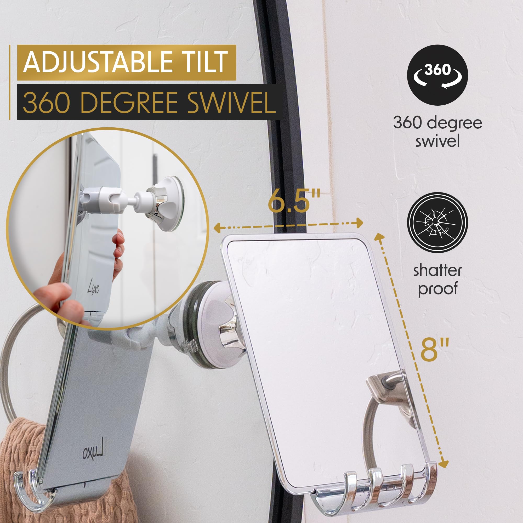 Luxo shower mirror adjustable tilt for the perfect shaving angle.