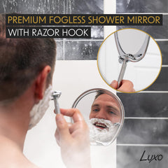 Luxo shower mirror adjustable tilt for precise shaving angles.