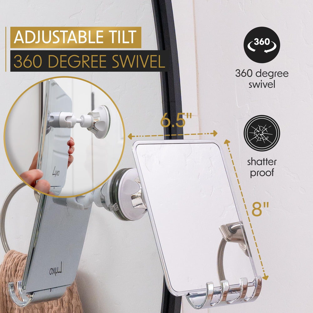 Luxo shower mirror adjustable tilt for the perfect shaving angle.