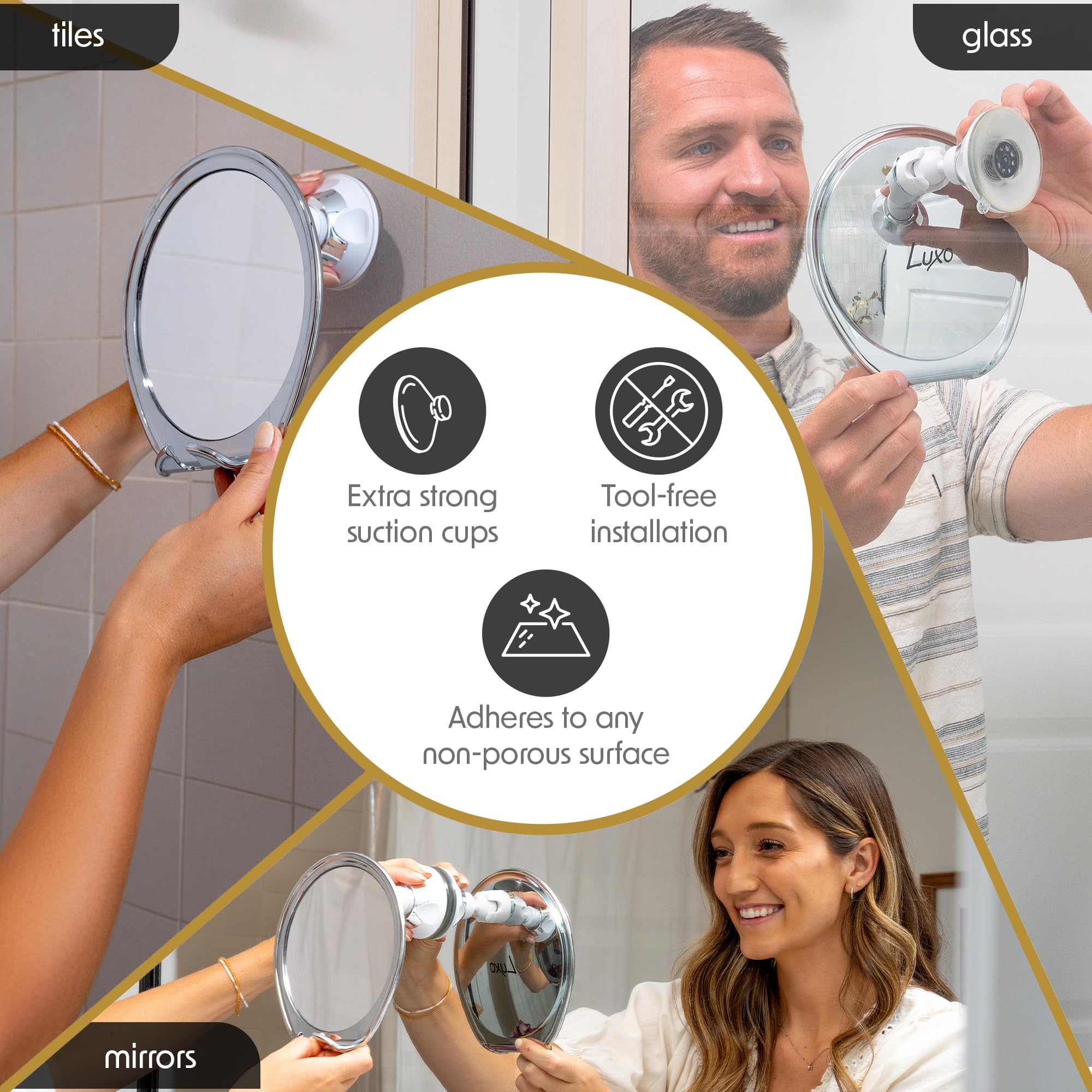 Luxo shower mirror is portable and shatterproof for travel or camping.