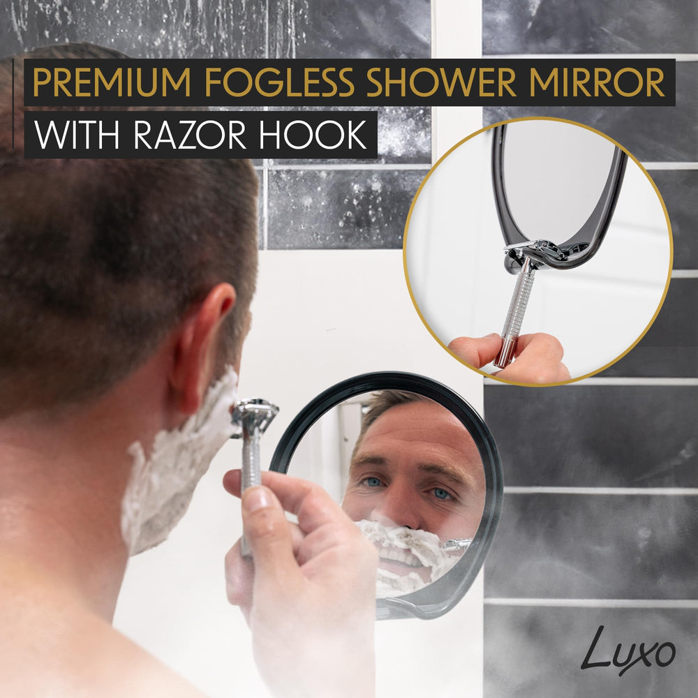 Luxo shower mirror razor-holder keeps blades within reach for easy grooming