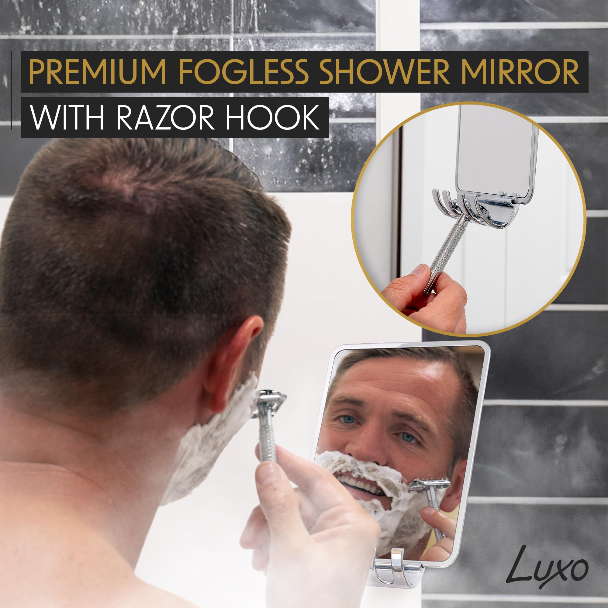 Luxo shower mirror removable razor holder keeps blades handy during shower routines.