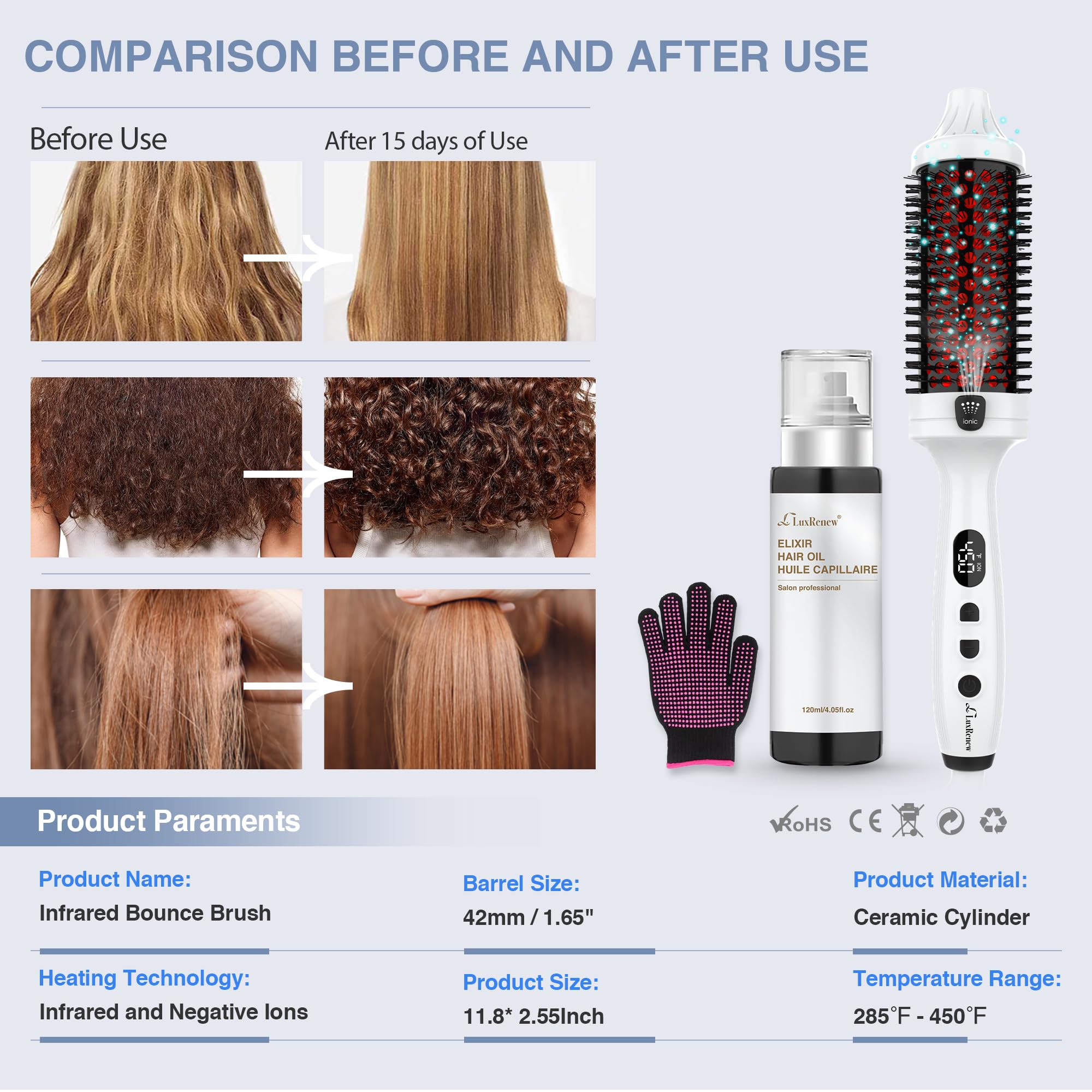 LuxRenew Plus Infrared Bounce Brush in use for straight and curled styles across hair textures.