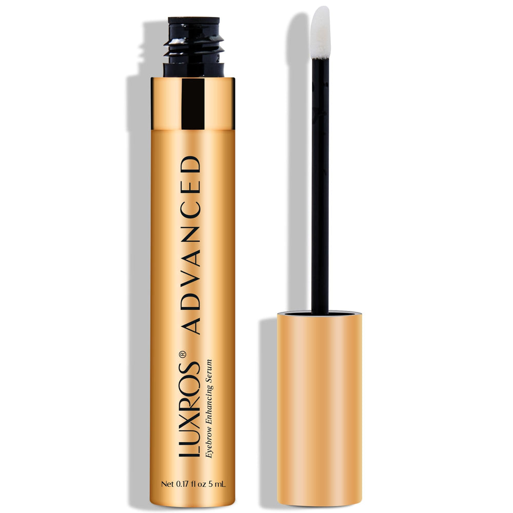 LUXROS Advanced Brow Growth Serum bottle for daily at-home use, promoting fuller brows.