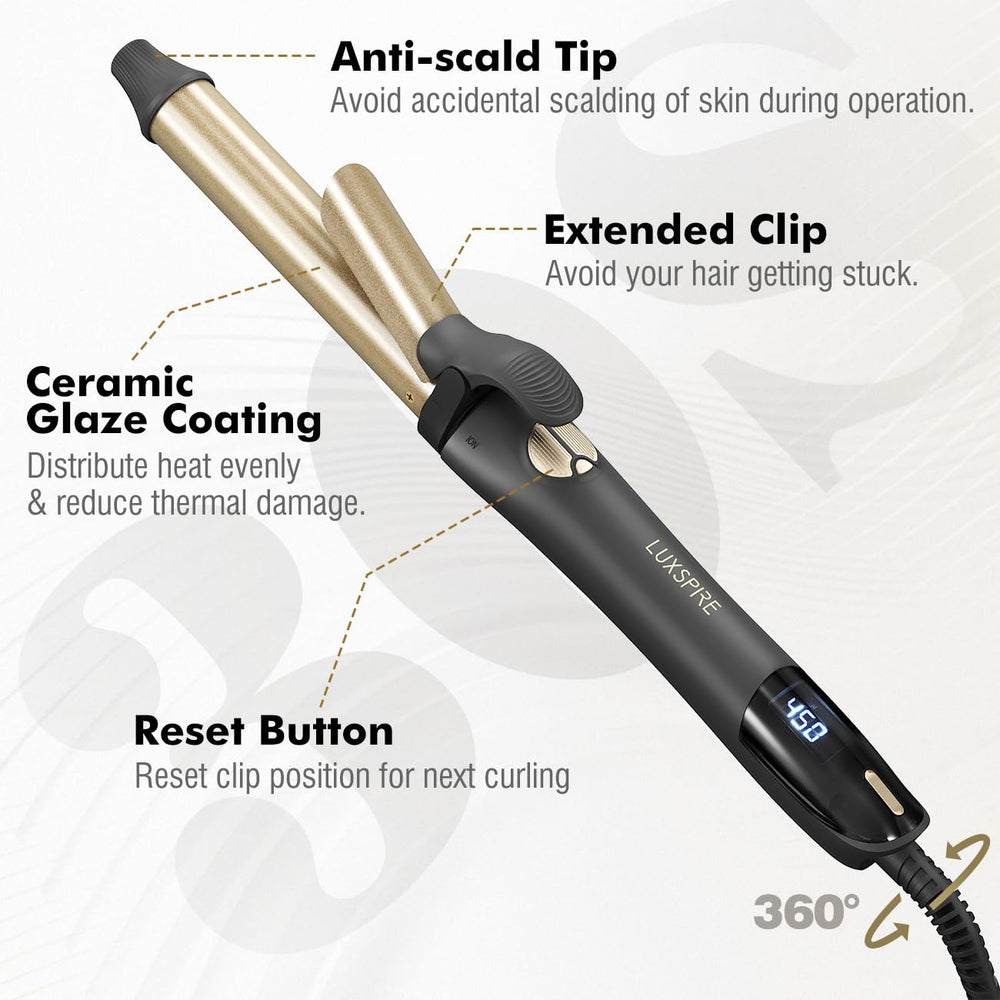 Luxspire rotating curler LCD display showing precise temperature control.